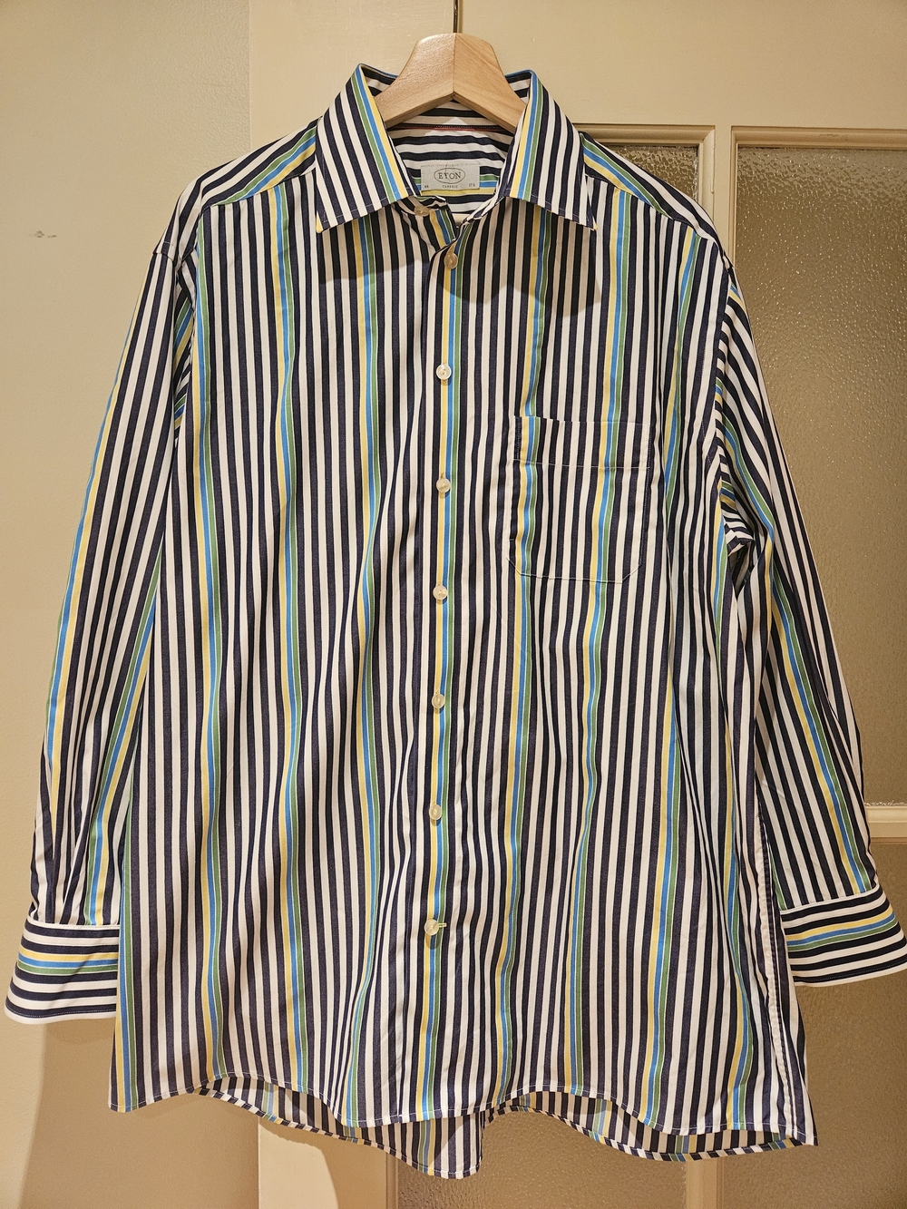 Eton Classic Fit Striped Long-Sleeve Button-Up Shirt in Navy, White & Green